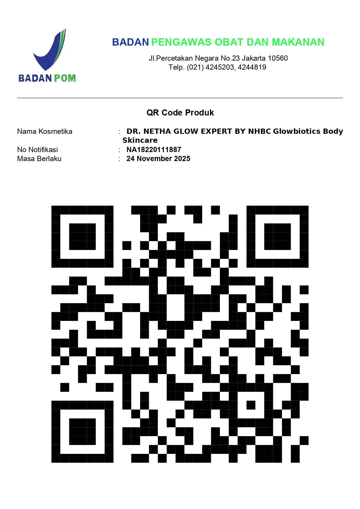 Nomor BPOM Glowbiotics Bodycare